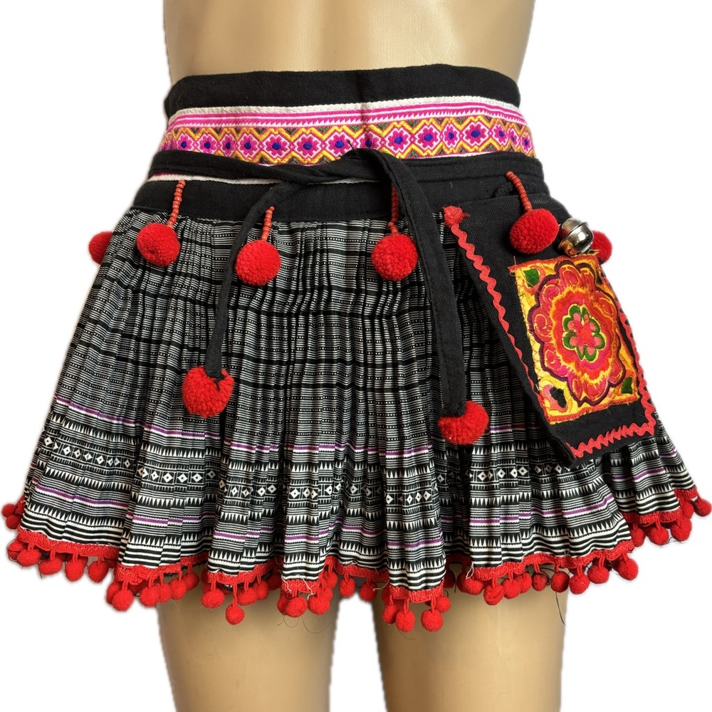 Playful Pom-Pom Embellished Embroidered Wraparound Skirt Pocket Bell Closure